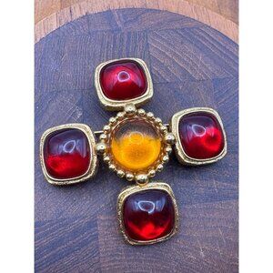 Vintage Gold Tone Carlisle Brooch Pin With Red & Amber Glass Cabochons Maltese C
